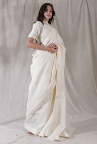 Set of 2- Off white shimmer stripe cotton blouse with cotton saree image 2