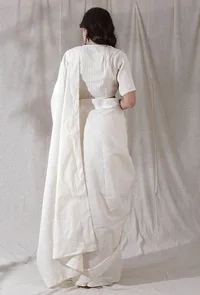 Set of 2- Off white shimmer stripe cotton blouse with cotton saree image 3