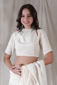 Set of 2- Off white shimmer stripe cotton blouse with cotton saree image 4