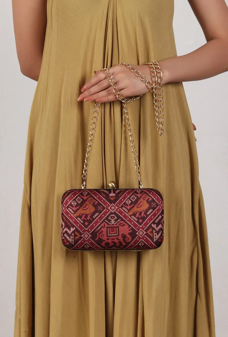 Bella Maroon & Multi Patola Print Rectangular Box Clutch