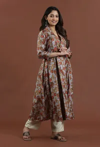 Set of 2: Elegant Kalamkari Printed Muslin Silk Kurta with Shantoon Pant Set image 1