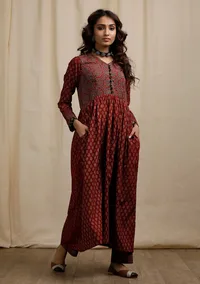Set of 2: Red Ajrakh Print Flaredand Gathered Kurta with Pockets and red Ajrakh Print Straight Pants image 1