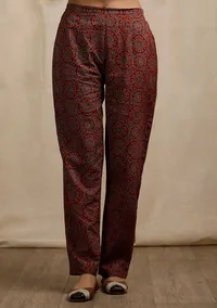 Set of 2: Red Ajrakh Print Flaredand Gathered Kurta with Pockets and red Ajrakh Print Straight Pants image 5