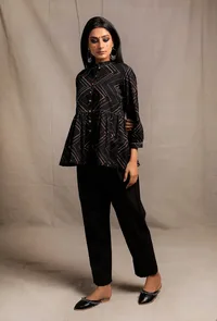 Set of 2: Black Hand Block Printed Gathered Buttoned Shirt with Black Narrow Pants image 2