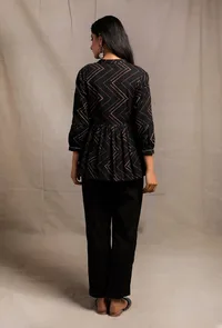 Set of 2: Black Hand Block Printed Gathered Buttoned Shirt with Black Narrow Pants image 3