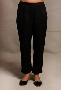 Set of 2: Black Hand Block Printed Gathered Buttoned Shirt with Black Narrow Pants image 4