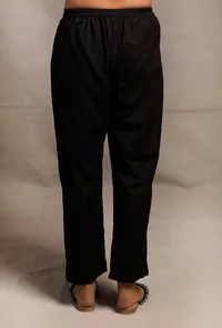 Set of 2: Black Hand Block Printed Gathered Buttoned Shirt with Black Narrow Pants image 5