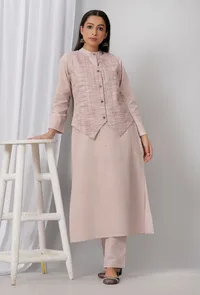 Set of 3: Brown Cotton Khadi Blazer with Kurta and Pants image 1