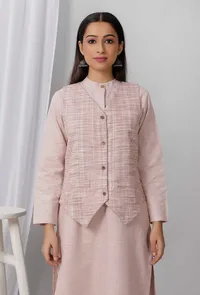 Set of 3: Brown Cotton Khadi Blazer with Kurta and Pants image 3