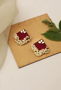 Handmade Beautiful Square Shape Pink Fabric With Stone Mogra Pearl Lightweight Earring image 1
