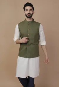 Olive Green Cotton Khadi Waistcoat image 1