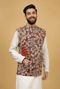 White and Red Kalamkari Cotton Nehru Jacket image 1
