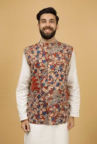 White and Red Kalamkari Cotton Nehru Jacket image 2