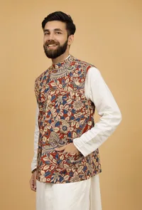 White and Red Kalamkari Cotton Nehru Jacket image 3