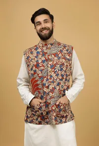 White and Red Kalamkari Cotton Nehru Jacket image 4