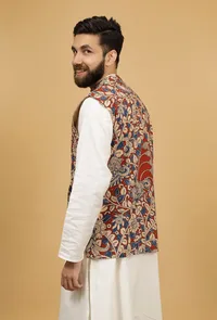 White and Red Kalamkari Cotton Nehru Jacket image 5