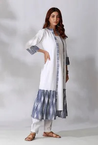 White And Blue Ikkat Gathered Front Open Overlay image 1