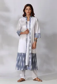 White And Blue Ikkat Gathered Front Open Overlay image 2