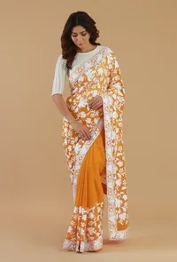 Embroidered Mustard Yellow Georgette Saree with Unstitched Blouse image 1
