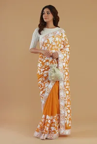 Embroidered Mustard Yellow Georgette Saree with Unstitched Blouse image 2