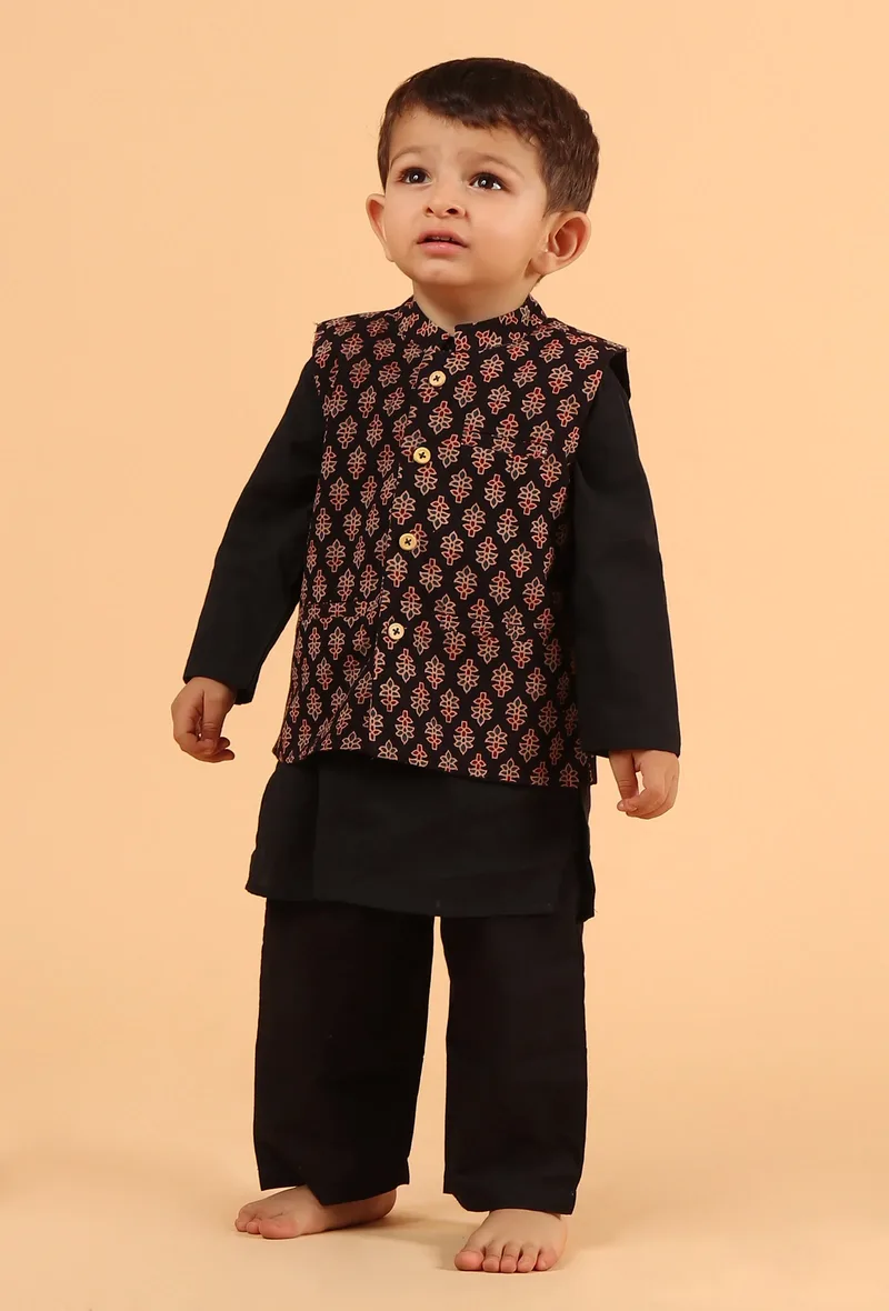 Set Of 3: Avi Black Cotton Kurta, Pyjama & Ajrakh Print Cotton Nehru Jacket
