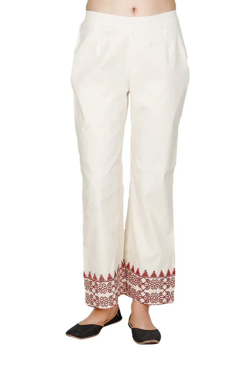 Ivory-Red Cross Stitch cotton Palazzo