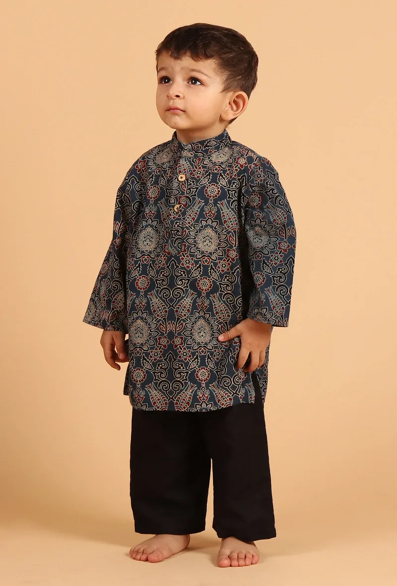 Set Of 2: Gatik Indigo Ajrakh Print Cotton Kurta & Black Pyjama