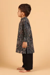 Set Of 2: Gatik Indigo Ajrakh Print Cotton Kurta & Black Pyjama image 2