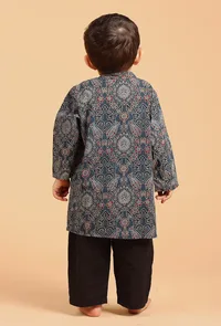 Set Of 2: Gatik Indigo Ajrakh Print Cotton Kurta & Black Pyjama image 3