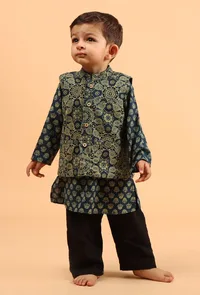 Set of 3: Shray Indigo Cotton Kurta, Black Pyjama & Indigo Ajrakh Print Jacket image 1