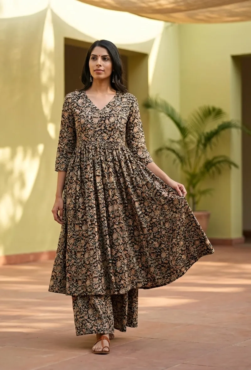 Black And Beige Kalamkari Cotton Kurta (without Palazzo)