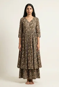 Black And Beige Kalamkari Cotton Kurta (without Palazzo) image 2
