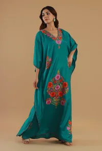 Aari Embroidered Teal Green Kashmiri Satin Kaftan- Free Size image 1