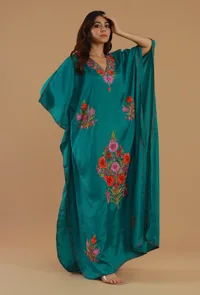 Aari Embroidered Teal Green Kashmiri Satin Kaftan- Free Size image 2