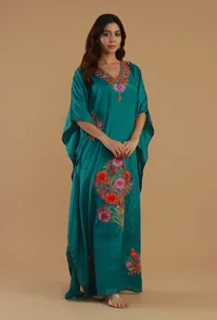 Aari Embroidered Teal Green Kashmiri Satin Kaftan- Free Size image 3