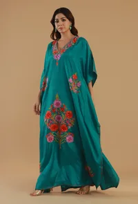 Aari Embroidered Teal Green Kashmiri Satin Kaftan- Free Size image 4