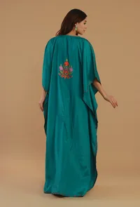 Aari Embroidered Teal Green Kashmiri Satin Kaftan- Free Size image 5