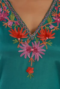 Aari Embroidered Teal Green Kashmiri Satin Kaftan- Free Size image 6