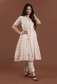 Set of 2: Hand Block Printed Cotton Anarkali Style Kurta with Solid Pant image 1