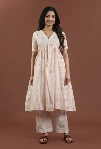 Set of 2: Hand Block Printed Cotton Anarkali Style Kurta with Solid Pant image 2