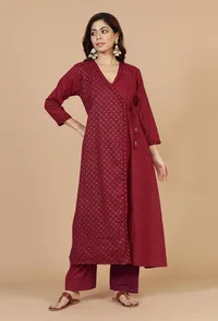 Set of 2: Maroon Hand Block Angrakha Kurta with Tassel Tie & Solid Cotton Pants image 1