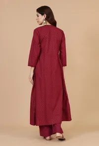 Set of 2: Maroon Hand Block Angrakha Kurta with Tassel Tie & Solid Cotton Pants image 3