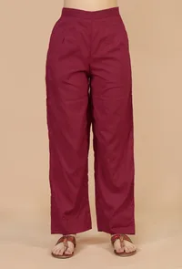 Set of 2: Maroon Hand Block Angrakha Kurta with Tassel Tie & Solid Cotton Pants image 4