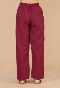 Set of 2: Maroon Hand Block Angrakha Kurta with Tassel Tie & Solid Cotton Pants image 5