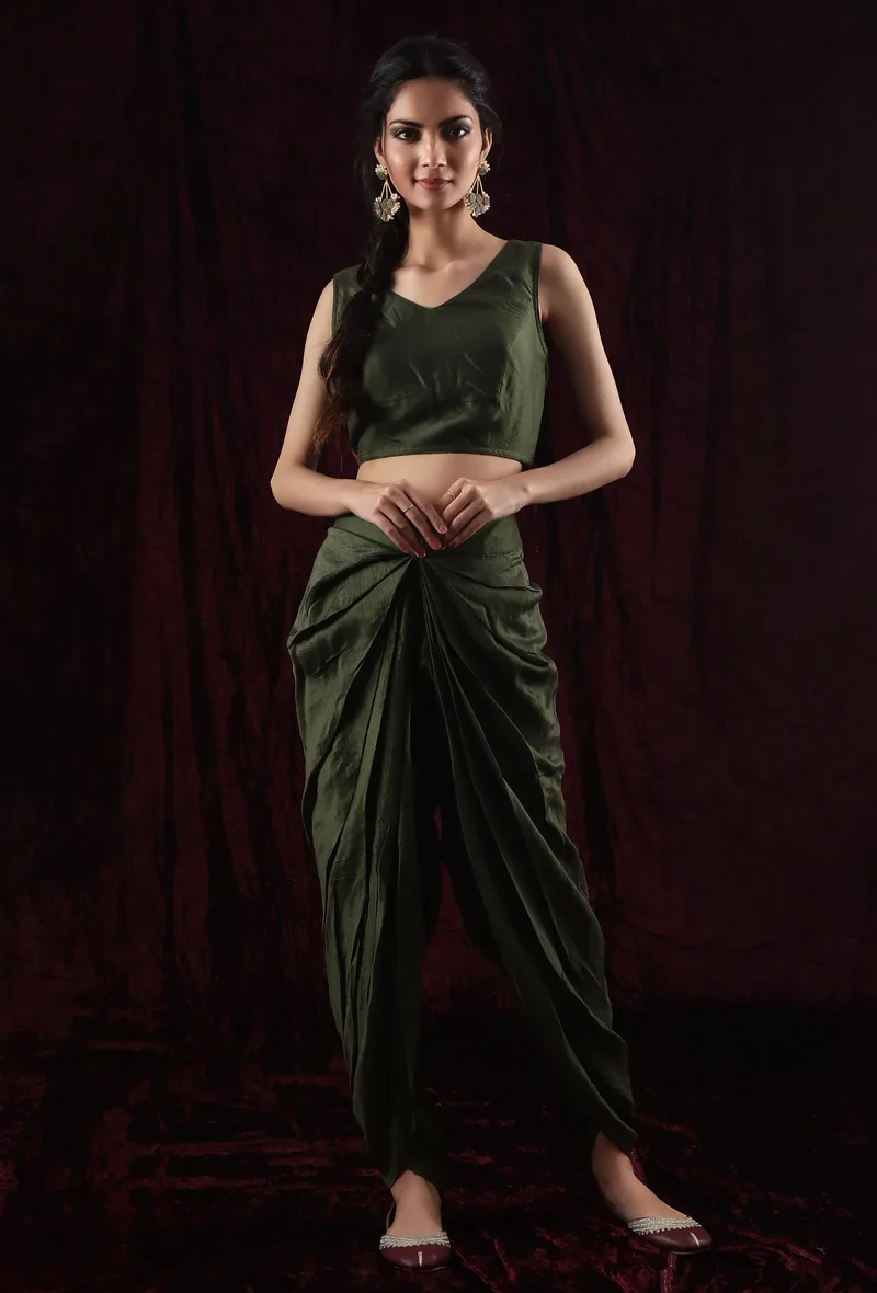 Set Of 2: Olive Green Chanderi Crop Top & Dhoti Pant