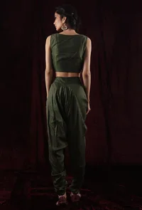 Set Of 2: Olive Green Chanderi Crop Top & Dhoti Pant image 2