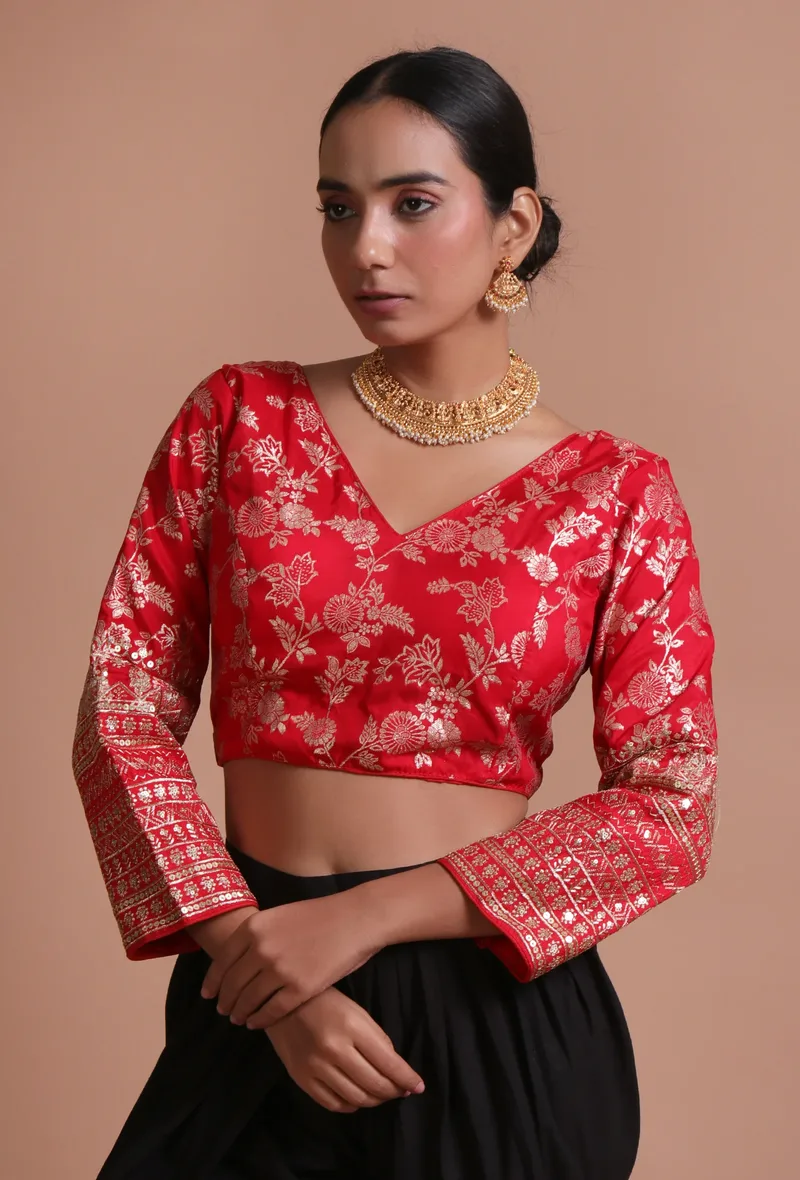 Red Color Raw Silk Embroidered Blouse