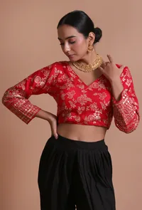 Red Color Raw Silk Embroidered Blouse image 4