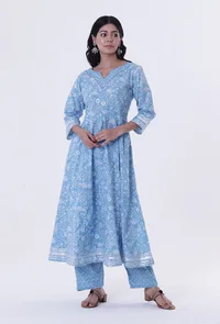 Blue & White Cotton Block Printed Kurta image 1