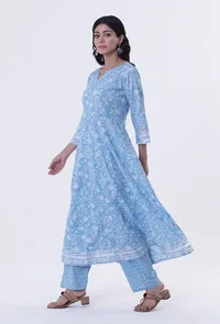 Blue & White Cotton Block Printed Kurta image 2